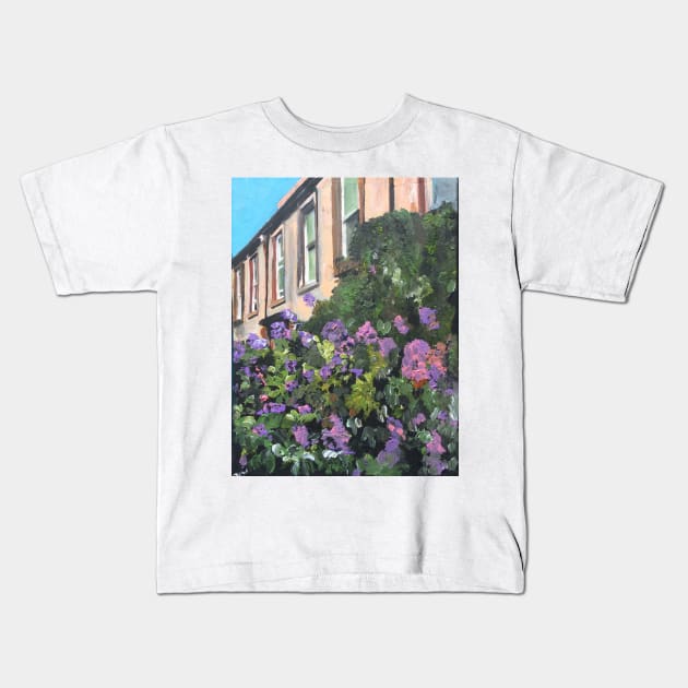 Lovely Purple Flowers And A Scottish House Kids T-Shirt by golan22may